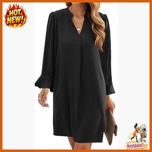 V Neck Long Sleeve Shift Dress Loose Flowy Swing Casual Elegant Minimal Chic